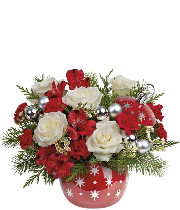 Christmas Flowers, White Roses, Ornament Shaped Vase