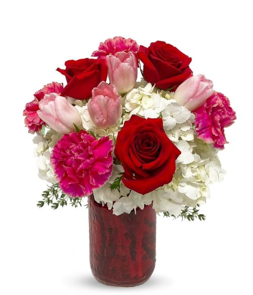 Red Roses, Pink Tulips, White Hydrangea, Valentines Bouquet