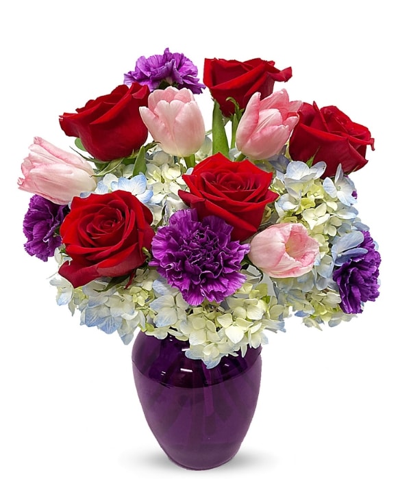 Red Roses, Pink Tulips, Blue Hydrangea